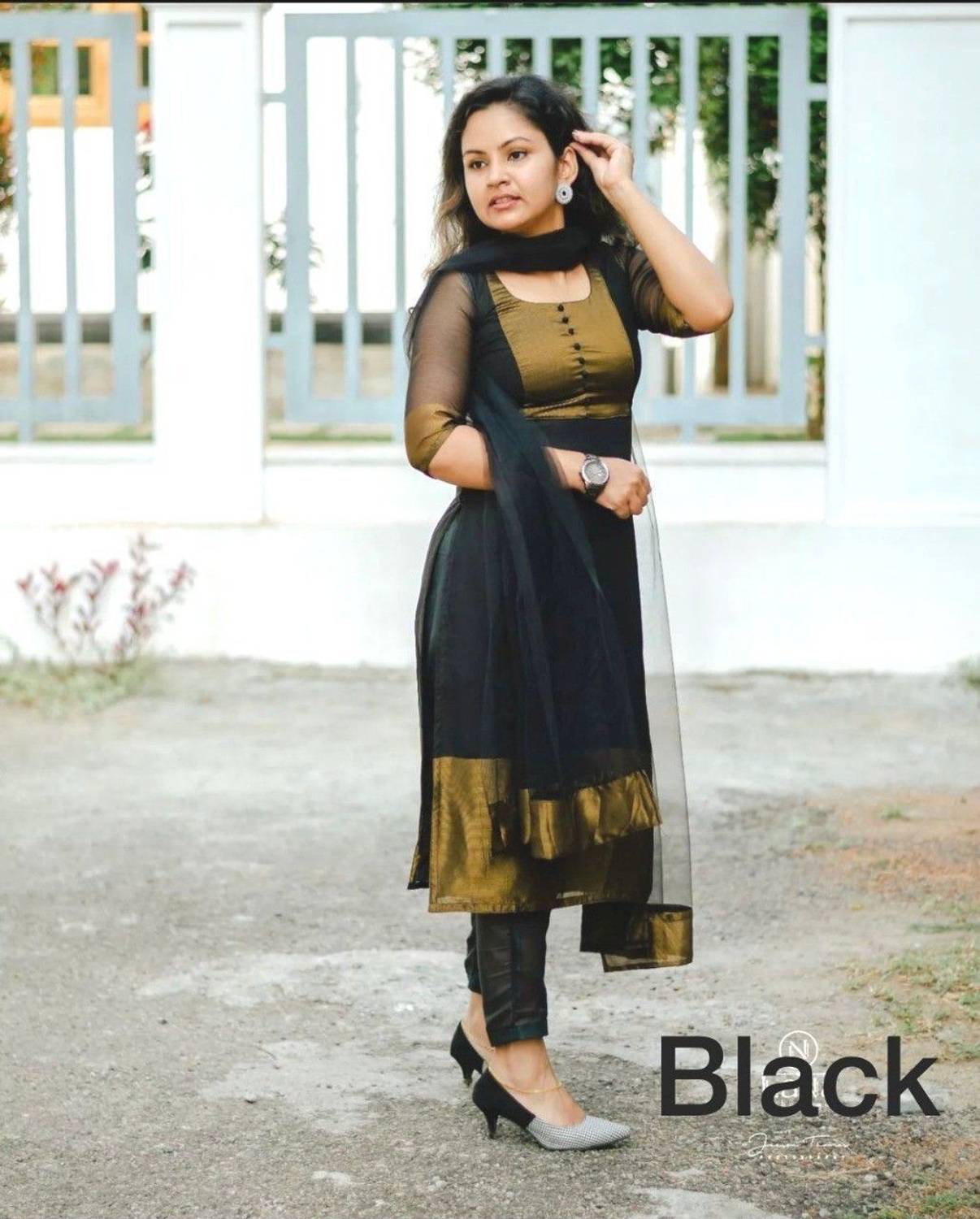 FINENX Women Solid Georgette A-line Kurta With Attached Dupatta (