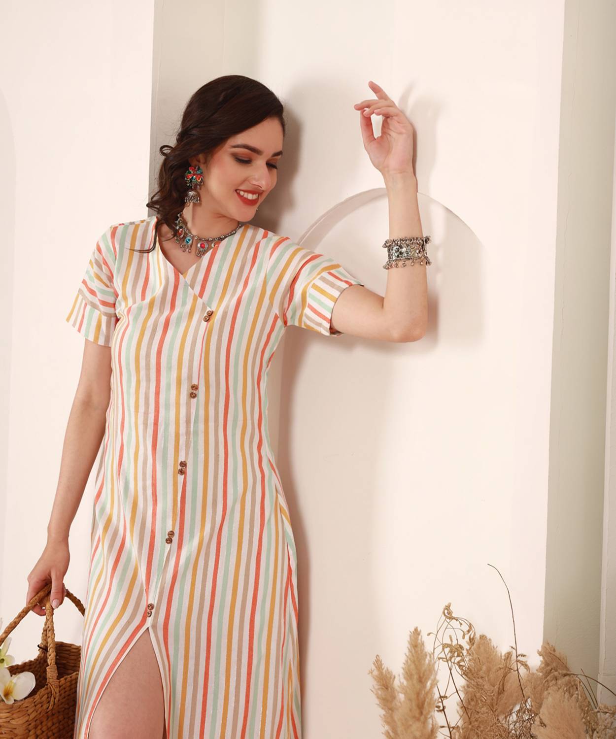 Youthnic Women Striped Cotton Blend A-line Kurta (Multicolor)