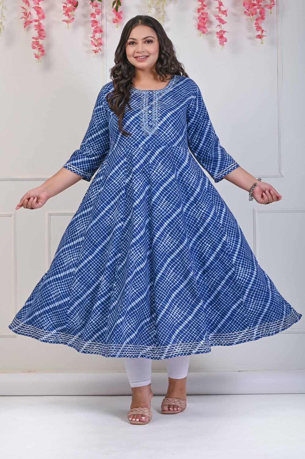 Swasti Women Leheriya Cotton Blend Flared Kurta (Blue)