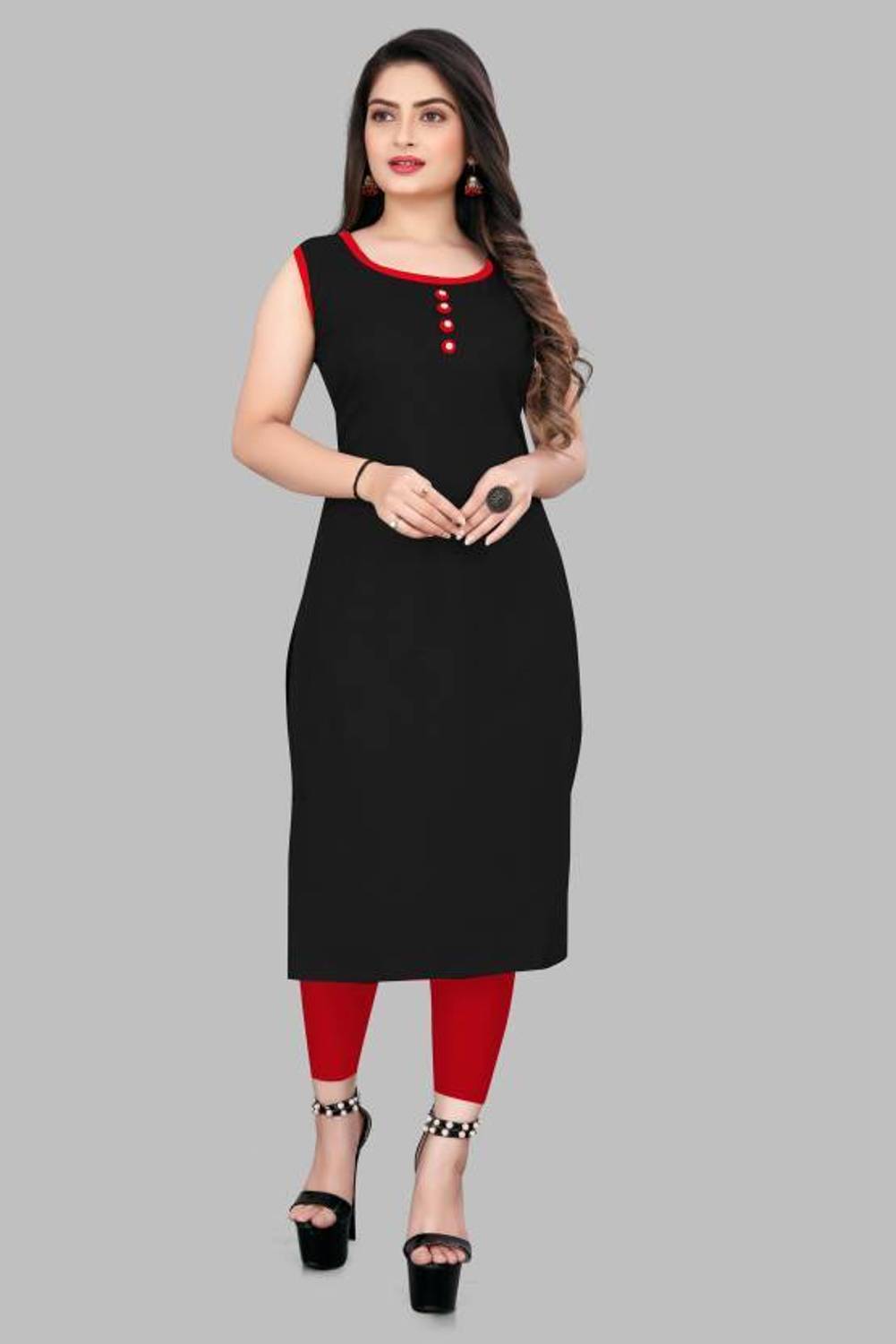 PRIYALIFASHION Women Solid Viscose Rayon Straight Kurta (Black)