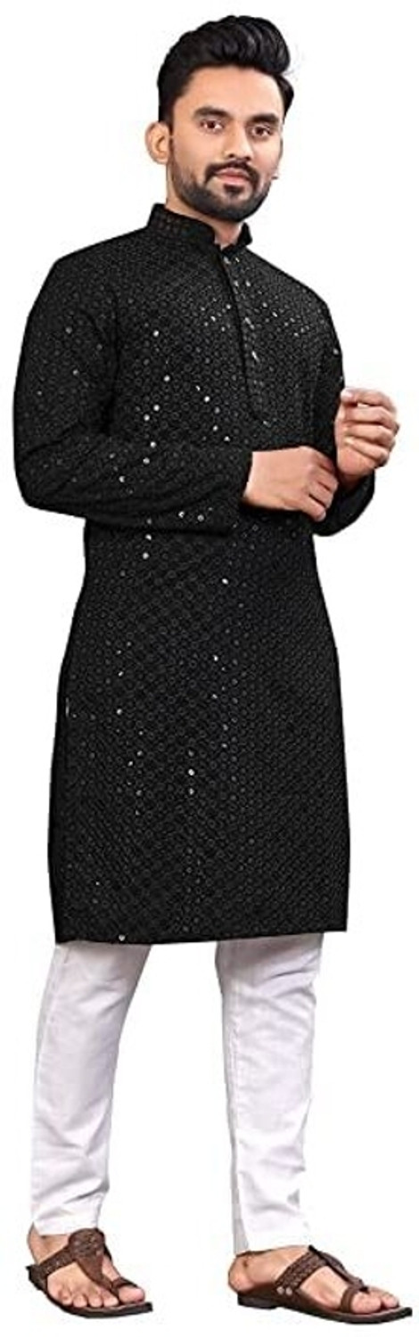 Image of StyleVault Men Chikan Embroidery Straight Kurta