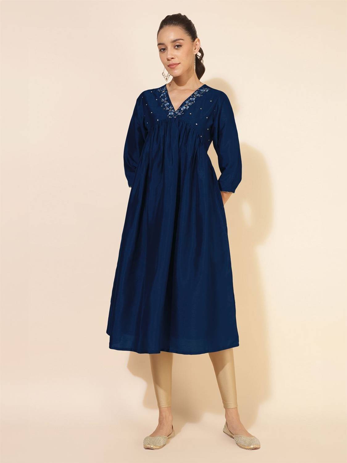 Janasya Women Embellished, Solid, Embroidered Silk Blend A-line K