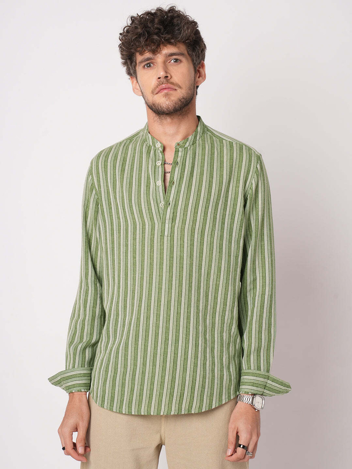 Image of VASTRADO Striped Pure Cotton Straight Kurta for Men With Attached Dupatta (Green)
