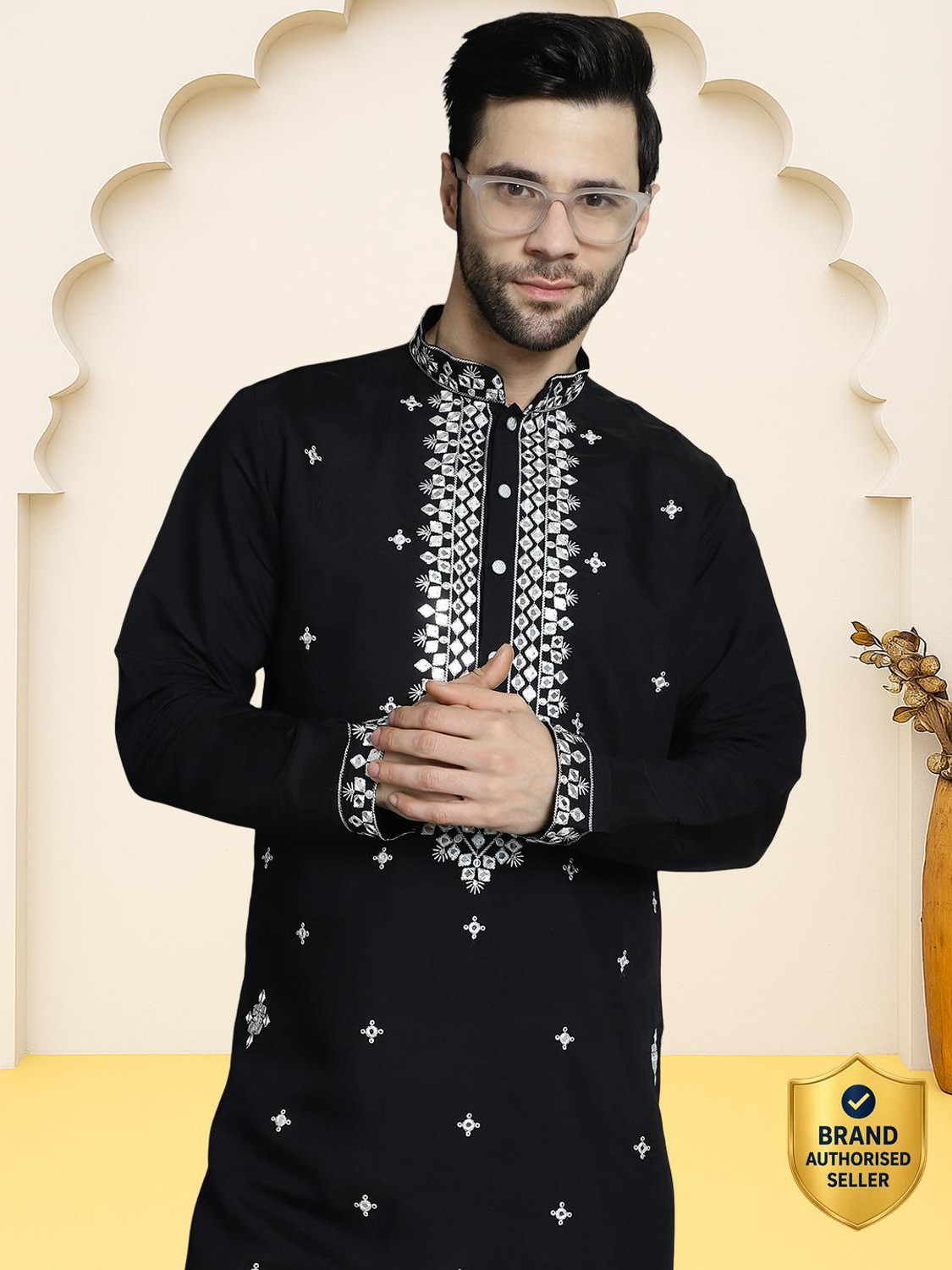 Image of Jompers Embroidered Silk Blend Straight Kurta for Men (Black)