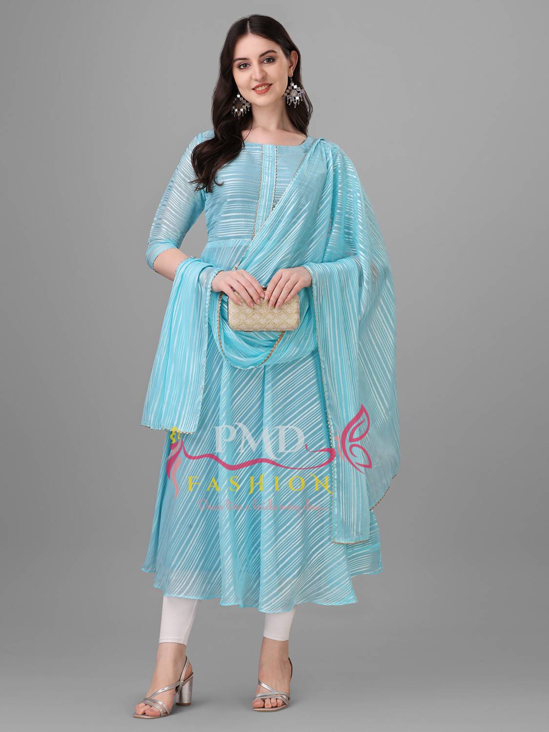 PMD Fashion Women Striped Georgette Anarkali Kurta With Attached