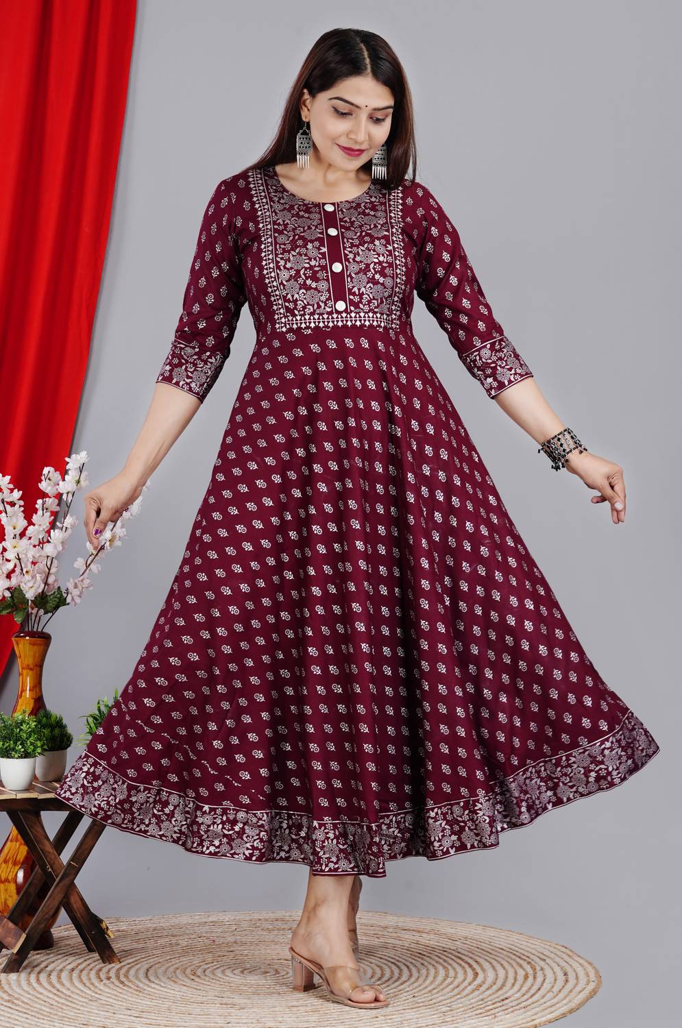 NANERA Women Printed Cotton Rayon Anarkali Kurta (Maroon)