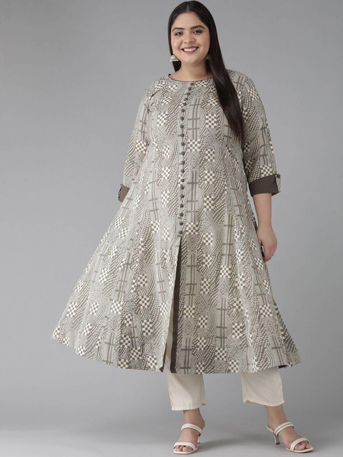 Yash Gallery Women Printed Pure Cotton Anarkali Kurta (Grey)