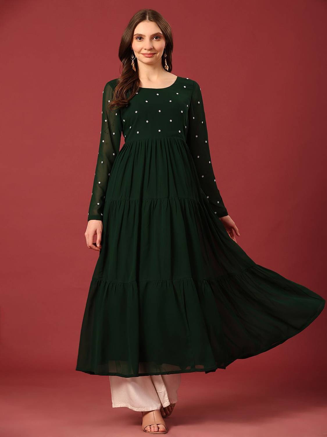 Poshak Hub Women Embroidered Georgette Anarkali Kurta (Green)