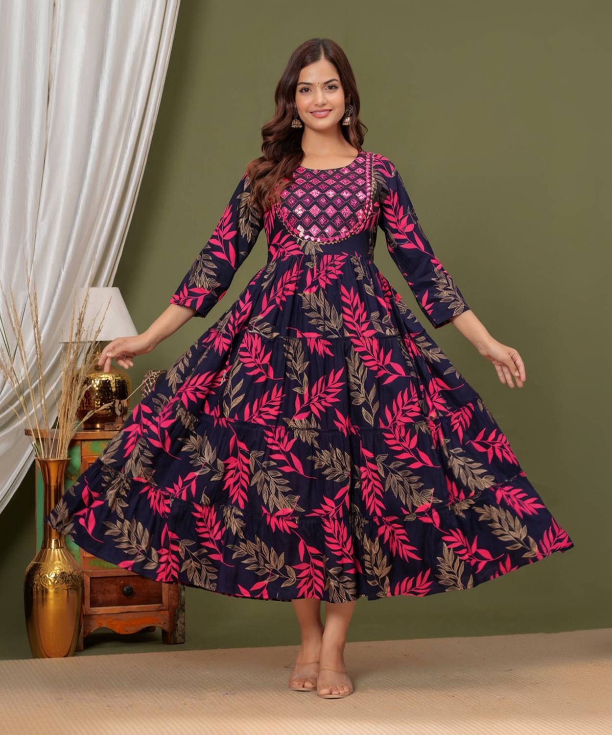 NKRM Women Embroidered, Printed Cotton Rayon Anarkali Kurta (Dark