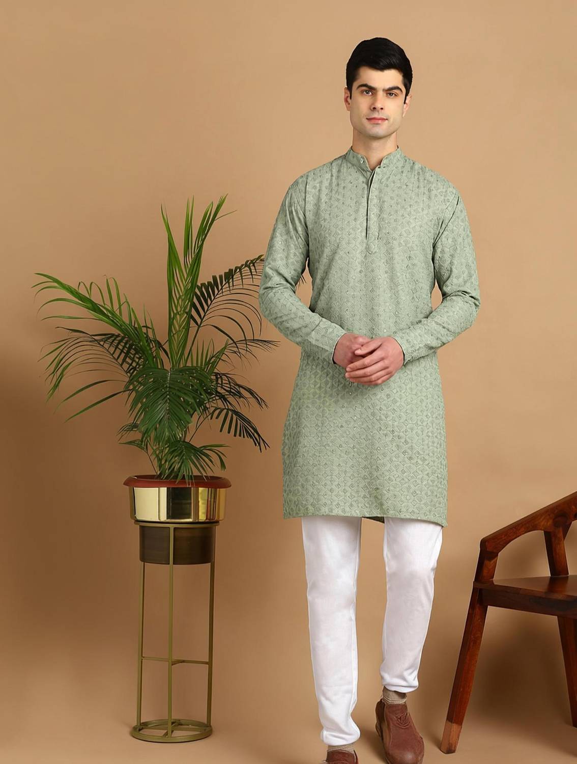 FUBAR Men Chikan Embroidery Straight Kurta - Image 1