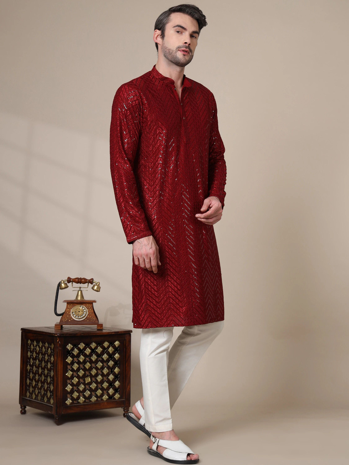 Image of ADHIRAJAN Men Embellished Straight Kurta