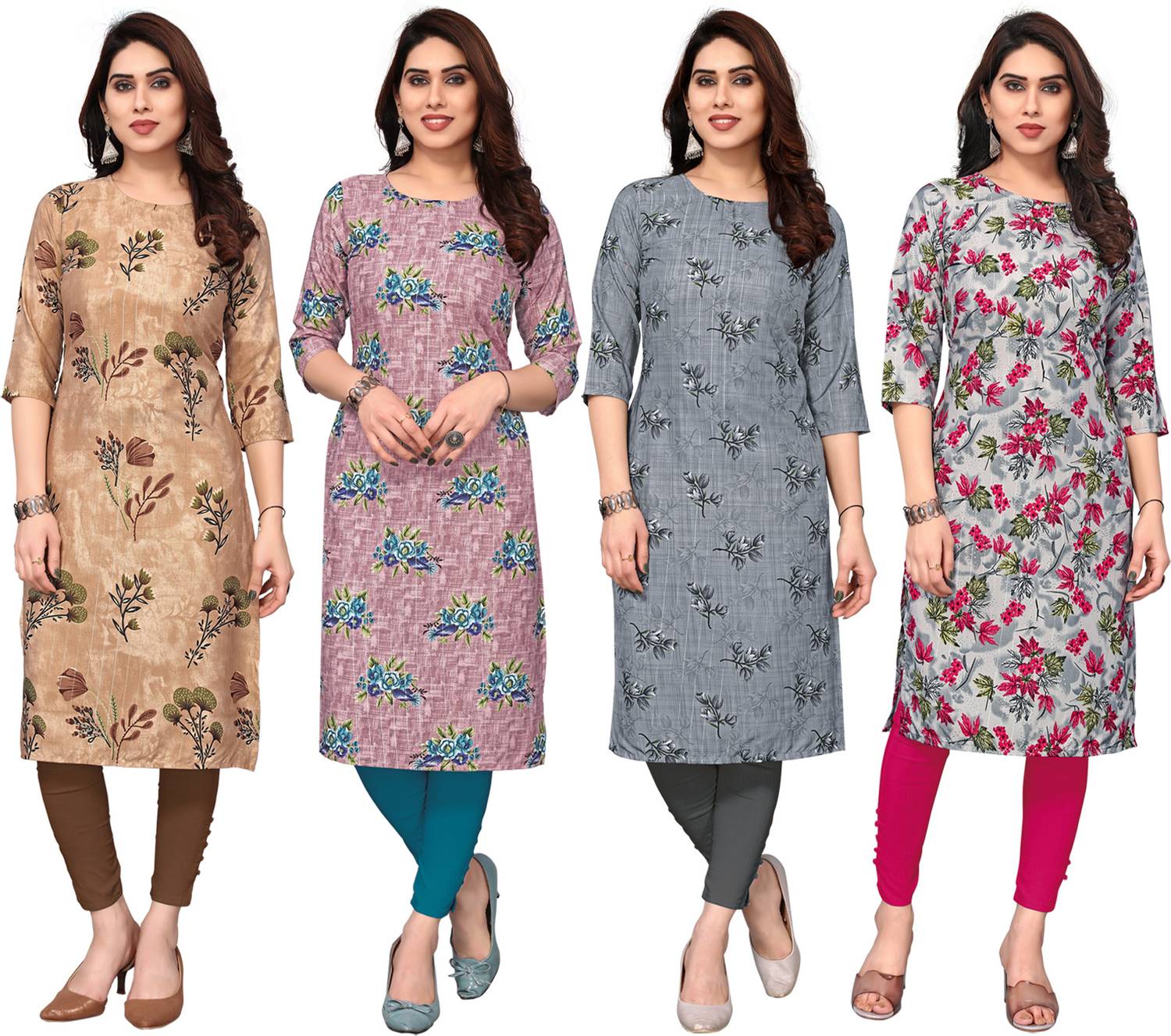 KETAKI FASHION Pack of 4 Women Printed Crepe Straight Kurta (Mult