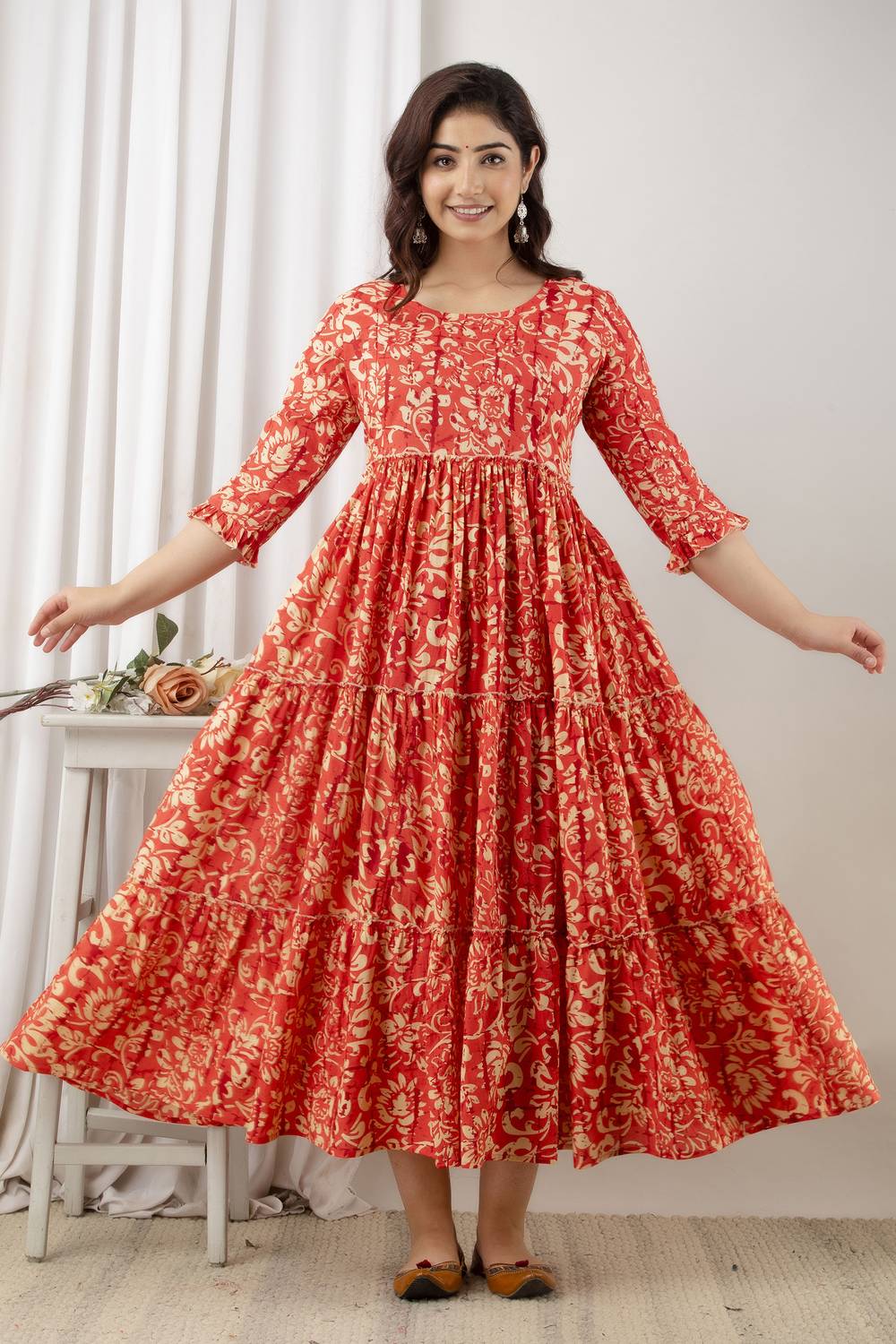 VARICOS Women Block Print Cotton Blend Flared Kurta (Orange)