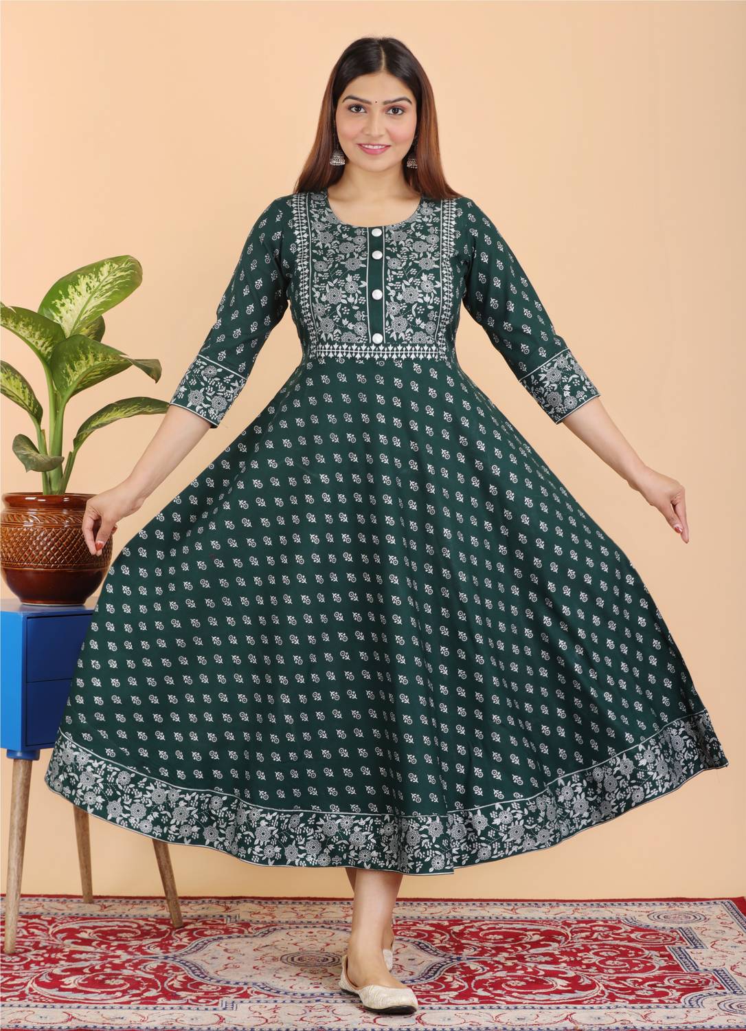 NANERA Women Printed Cotton Rayon Anarkali Kurta (Green)