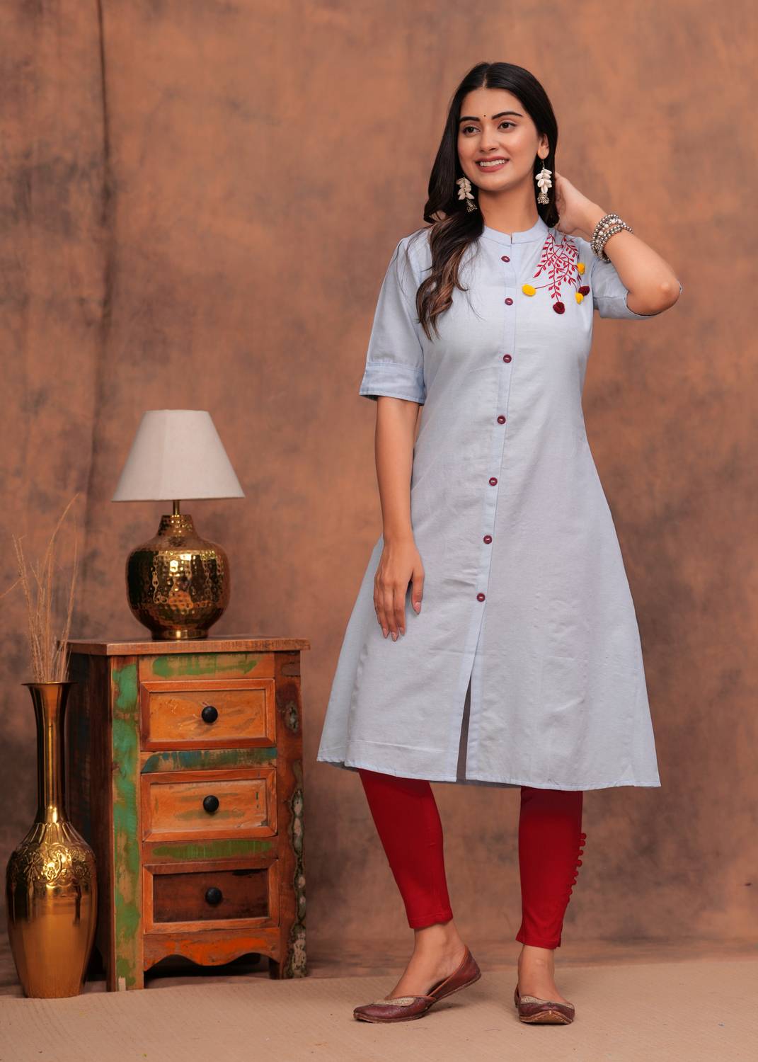 Dizon Women Embroidered Cotton Blend A-line Kurta (Light Blue)