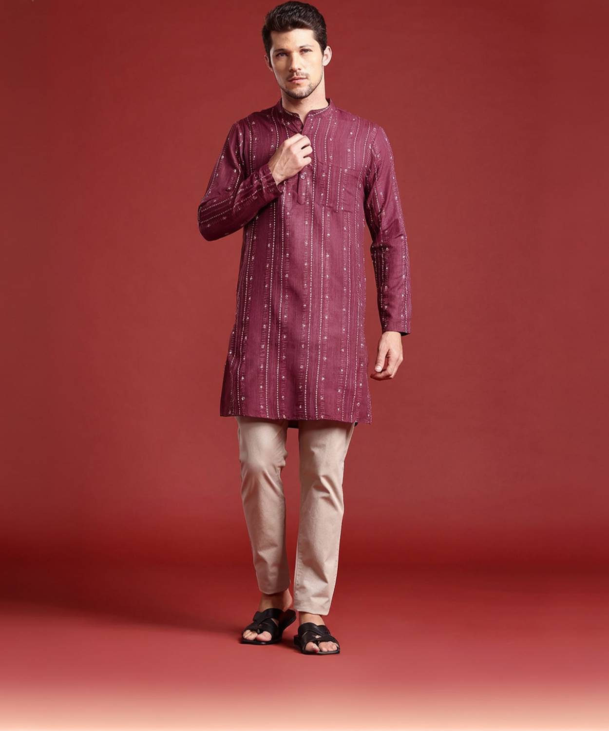 ANOUK Men Printed, Striped Straight Kurta