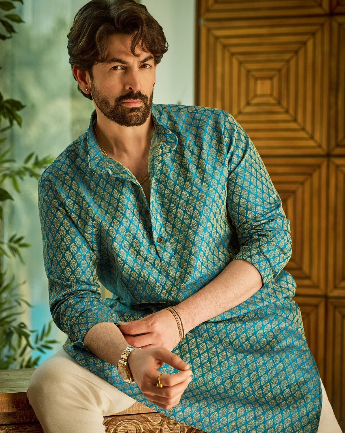 Image of SOJANYA Woven Design Jacquard Straight Kurta for Men (Blue)