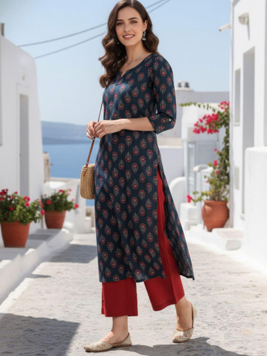 Image of Zyla Printed Viscose Rayon Straight Kurta for Women (Dark Blue)