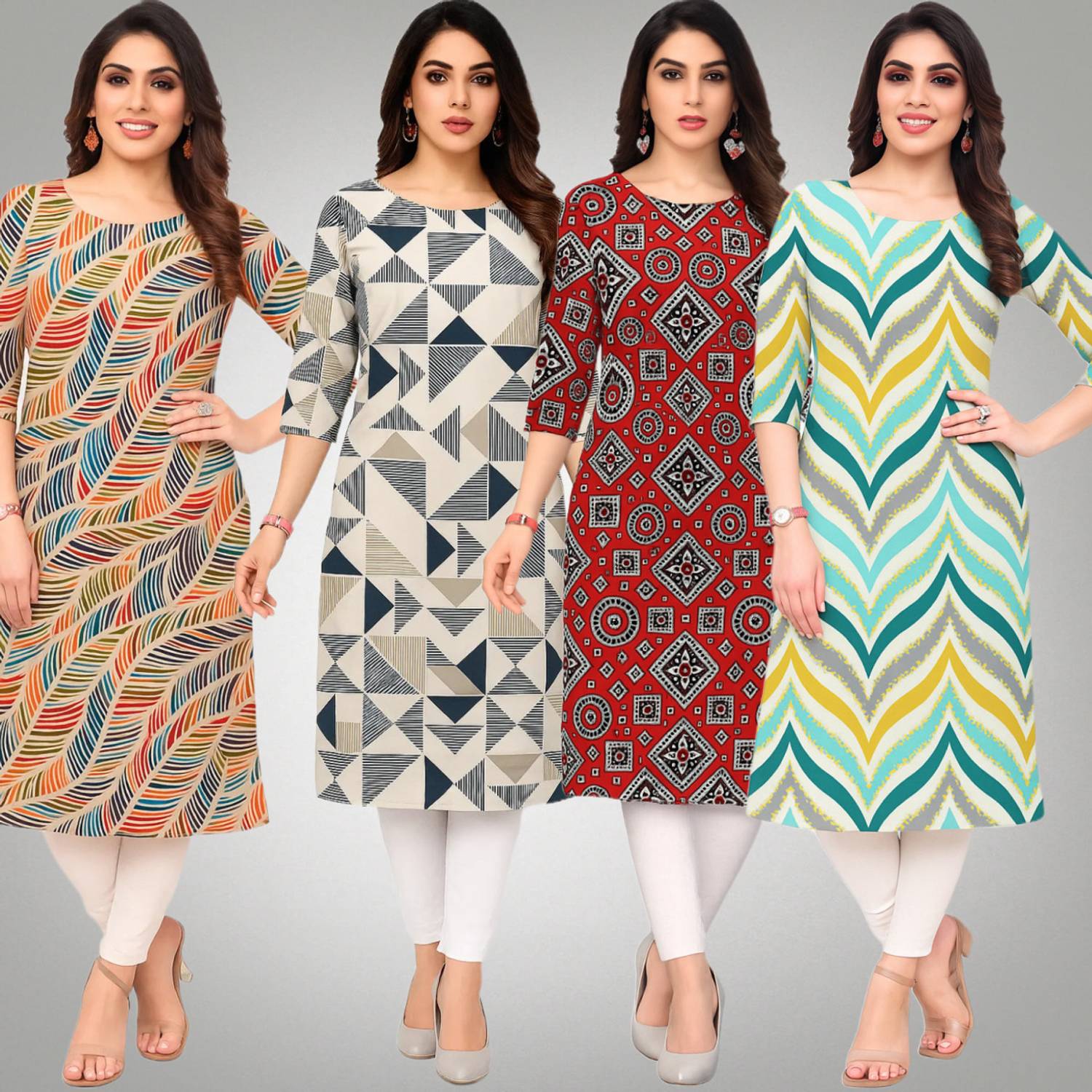 veemora Pack of 4 Women Printed Crepe Straight Kurta (Multicolor)