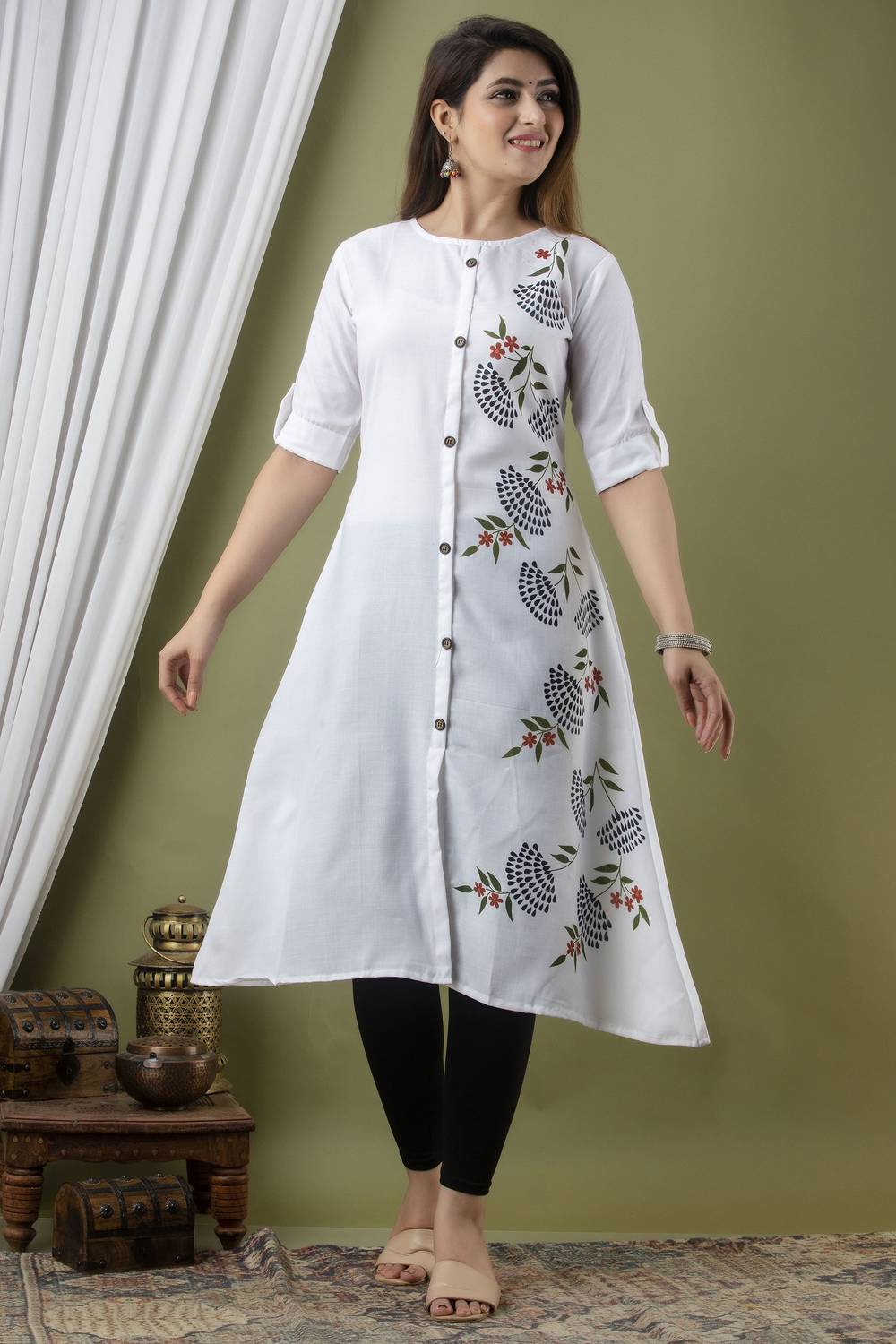 Zivapez Women Floral Print Pure Cotton Frontslit Kurta (White)