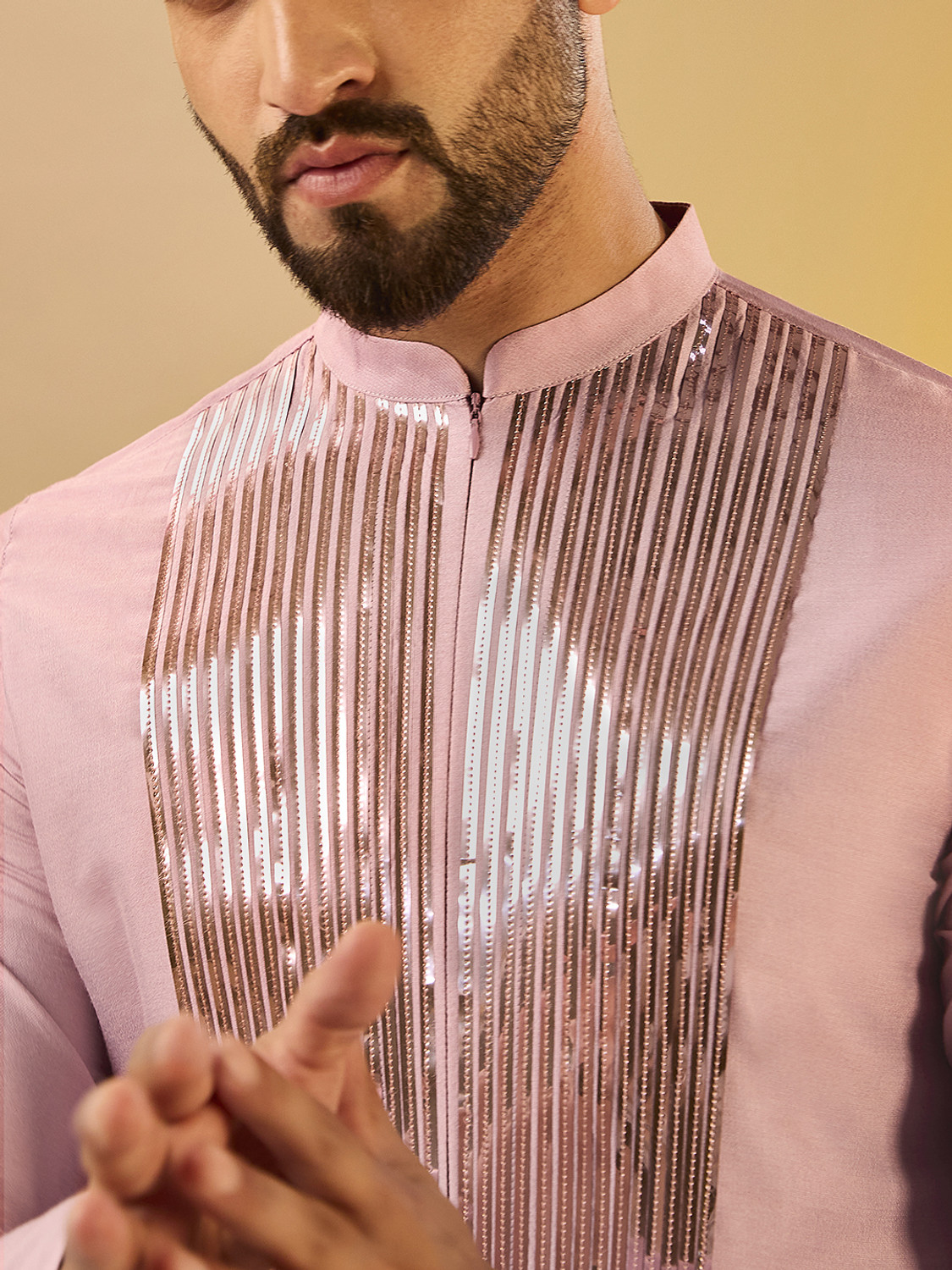 Image of Kisah Embellished Cotton Blend Straight Kurta for Men (Pink)