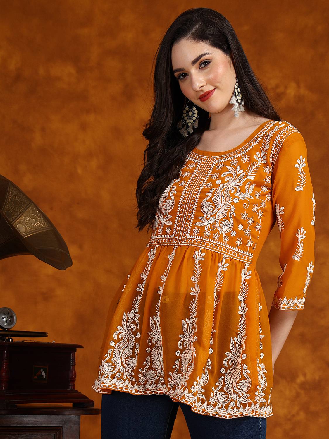 Youthnic Women Chikan Embroidery Georgette Flared Kurta (Yellow)