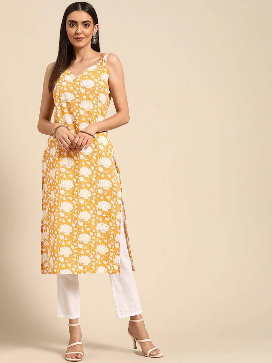 Lamba Creations Women Printed Viscose Rayon Straight Kurta (Yello
