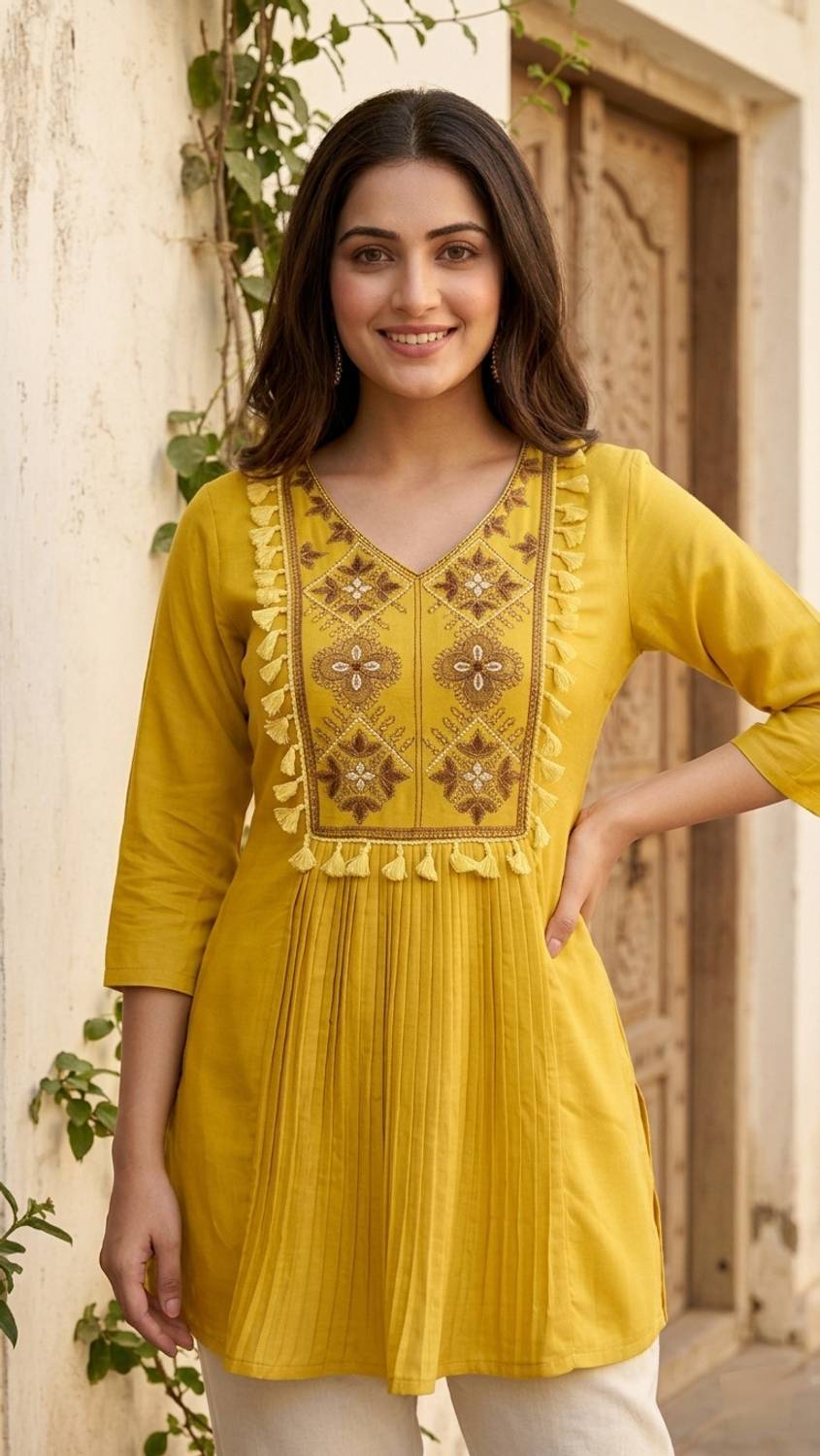 HIVA TRENDZ Women Embroidered Viscose Rayon Flared Kurta (Yellow)