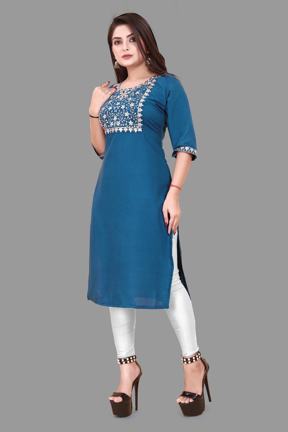 TITHIGARMENTS Women Embroidered Viscose Rayon A-line Kurta (Blue)