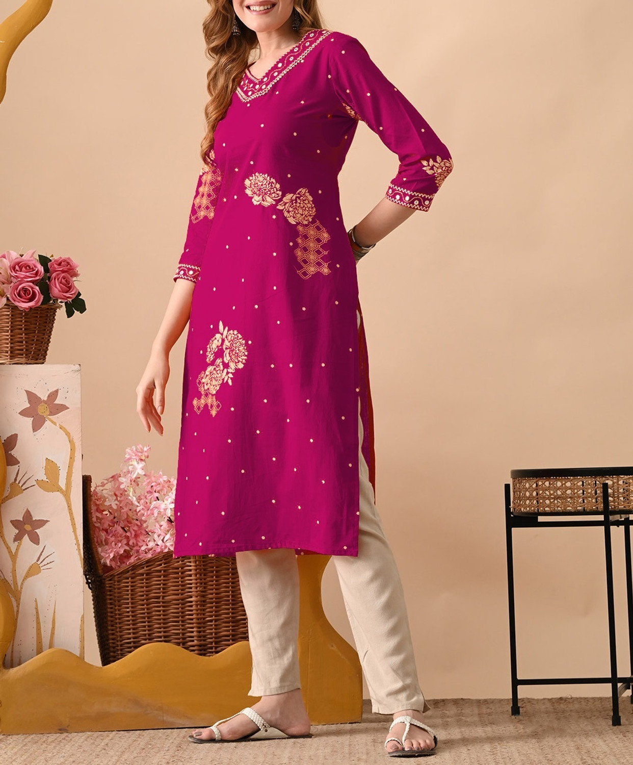 Image of Lerkiza Women Floral Print, Embroidered Straight Kurta