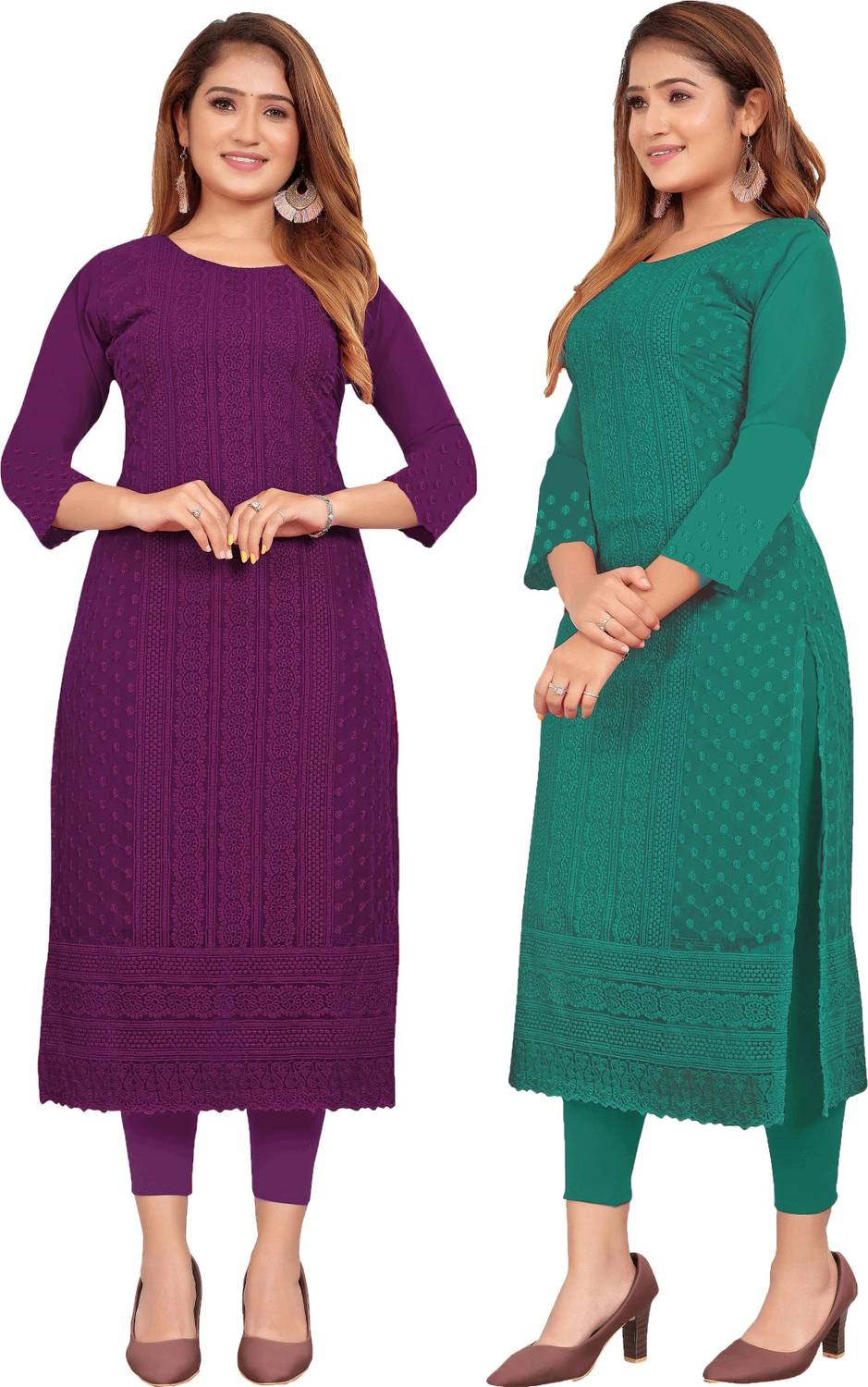 KAYRAAH Pack of 2 Women Chikan Embroidery Georgette Straight Kurt
