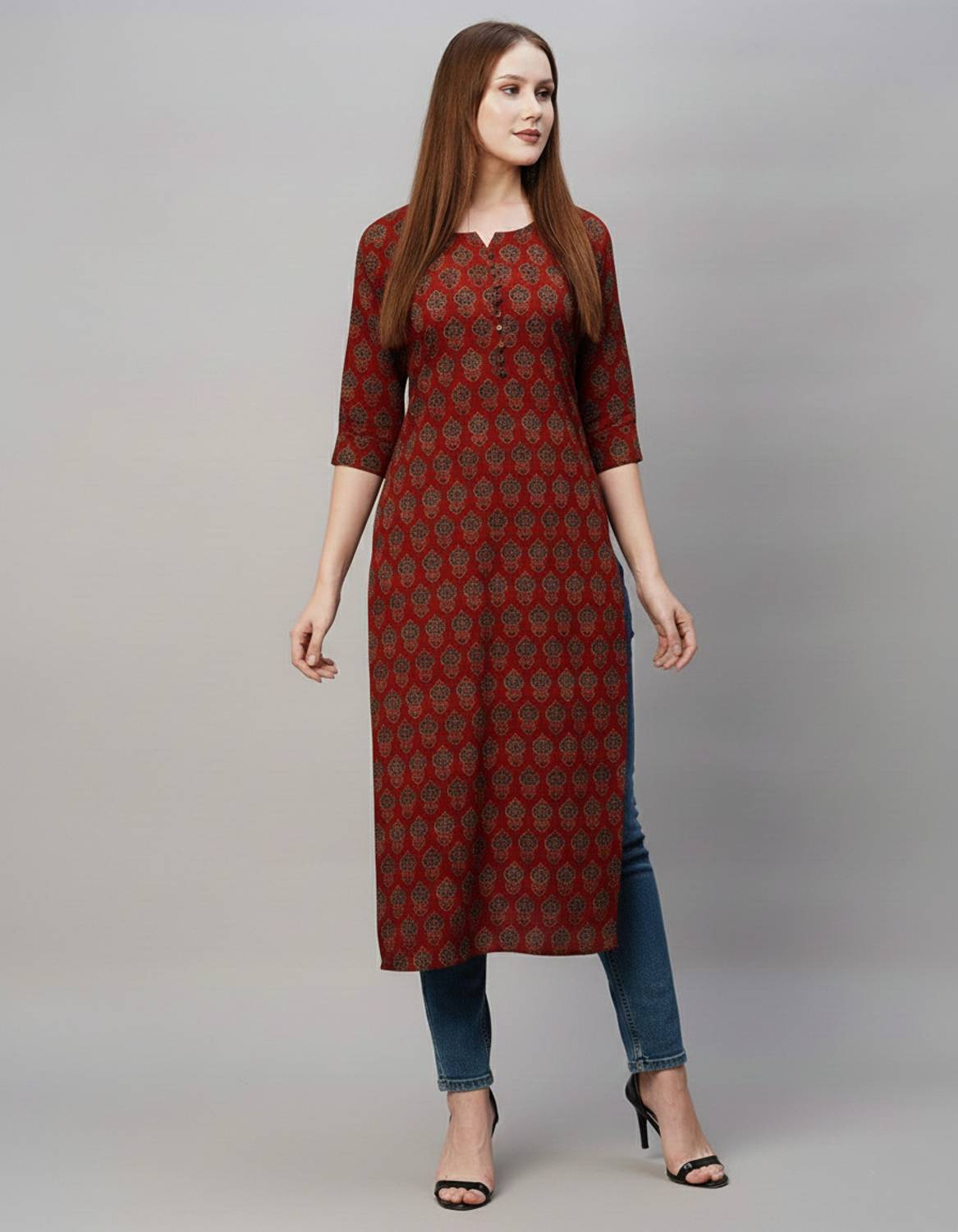 Kairab Women Red Printed Straight Kurta - Image 4