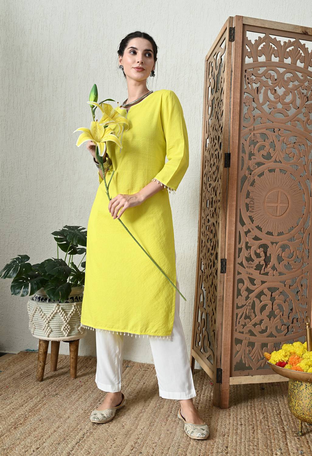 vidhani Women Self Design Cotton Blend Straight Kurta (Yellow)