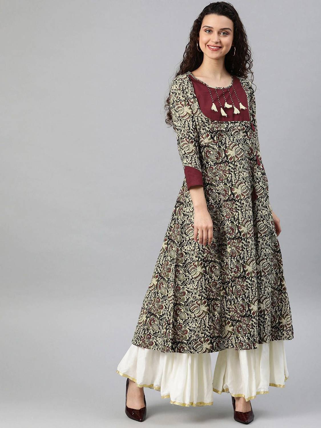 AKIKO Women Printed Pure Cotton Anarkali Kurta (Maroon)