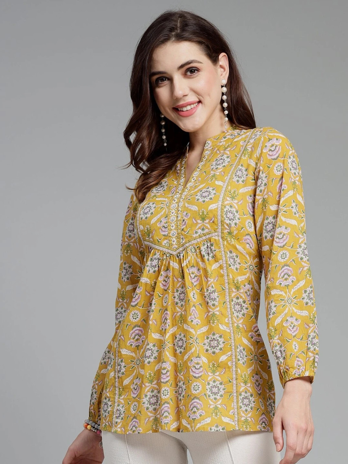 Image of DORIYA Casual Floral Print Women Yellow Top
