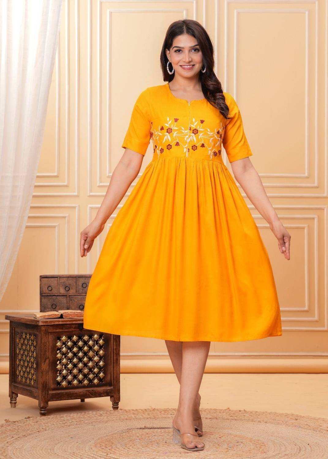 BABLIFASHION Women Fit and Flare Yellow Below Knee Dress