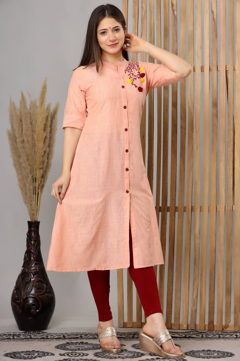 Dizon Women Embroidered Cotton Blend A-line Kurta (Orange)