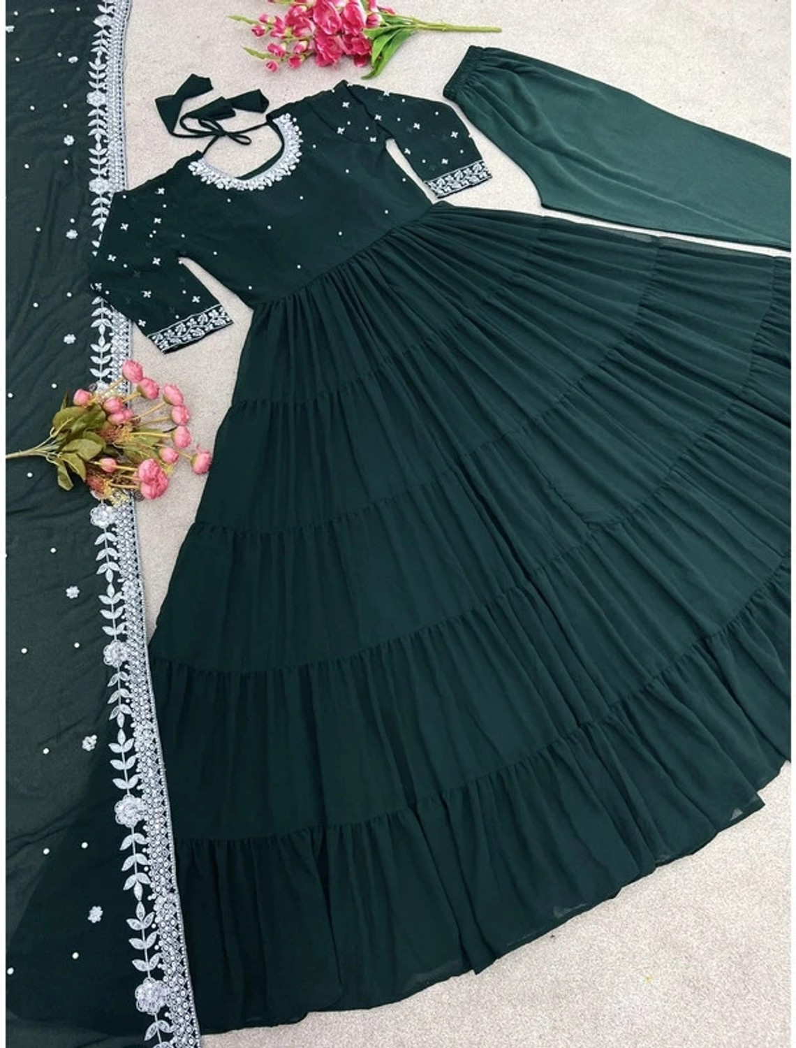 Image of GRISHU COLLECTION Solid Anarkali Kurta, Bottom & Dupatta Set