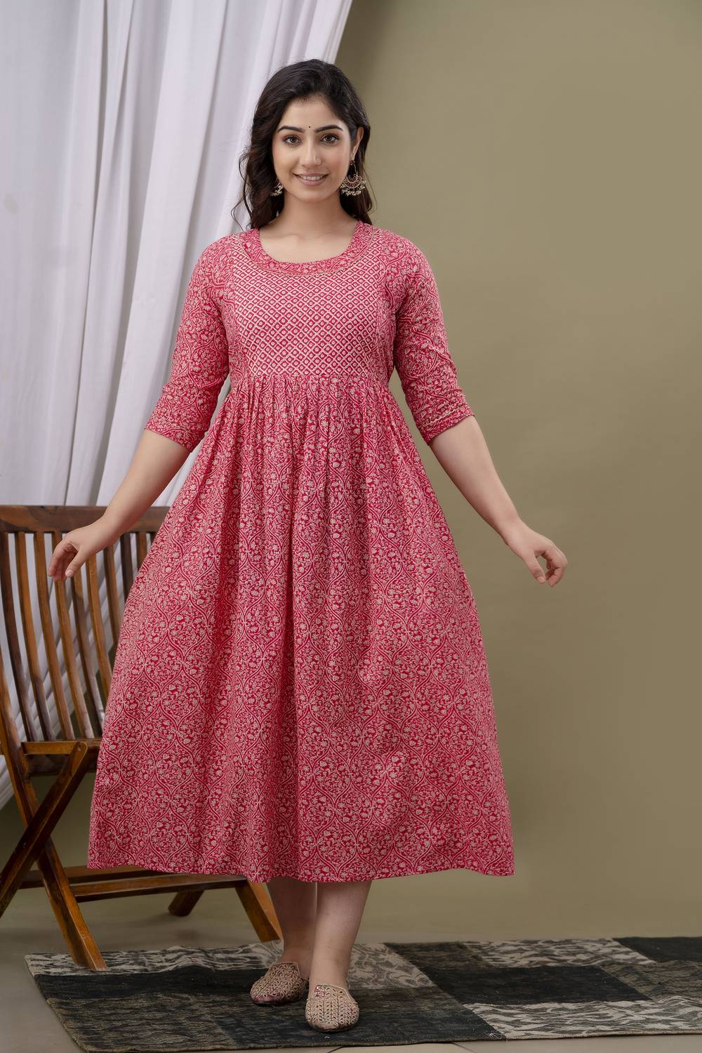 FASHION CLOUD Women Printed Pure Cotton A-line Kurta (Pink)