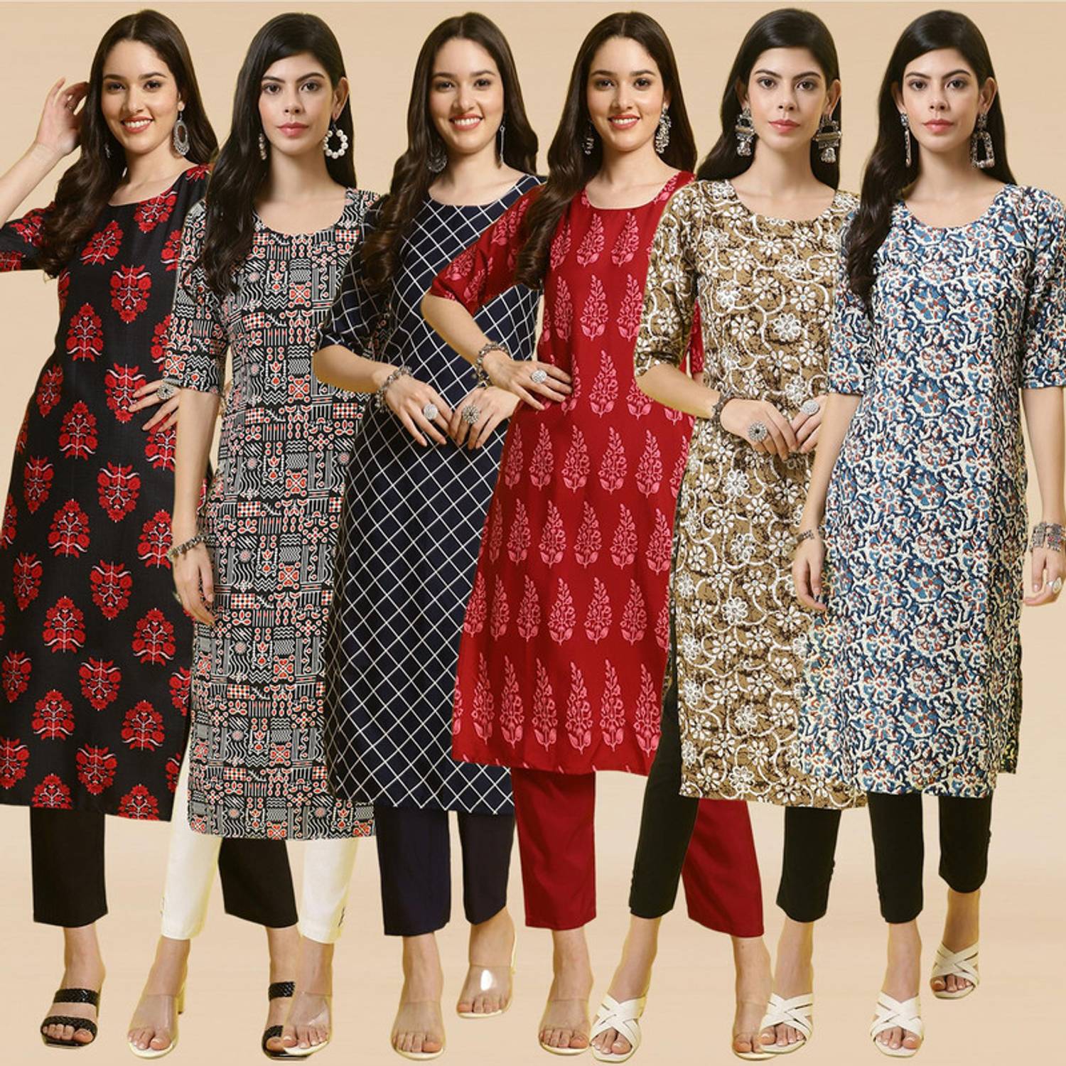 1 Stop Fashion Pack of 6 Printed Crepe Straight Kurta for Women