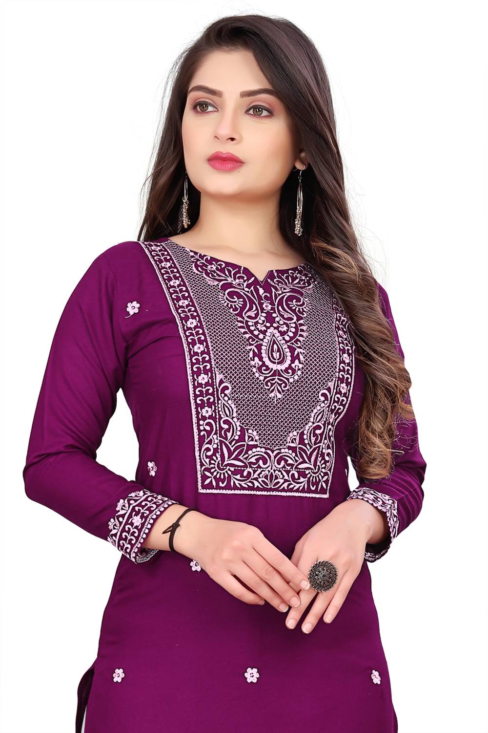 Pehnava Point Women Embroidered Viscose Rayon Straight Kurta (Pur