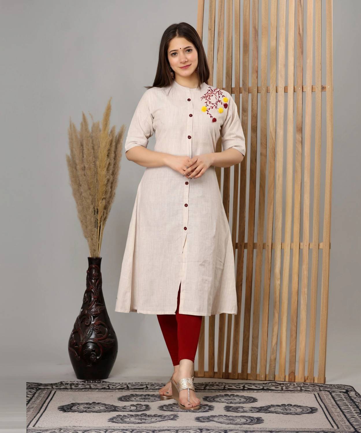 Dizon Women Embroidered Cotton Blend A-line Kurta (Beige)