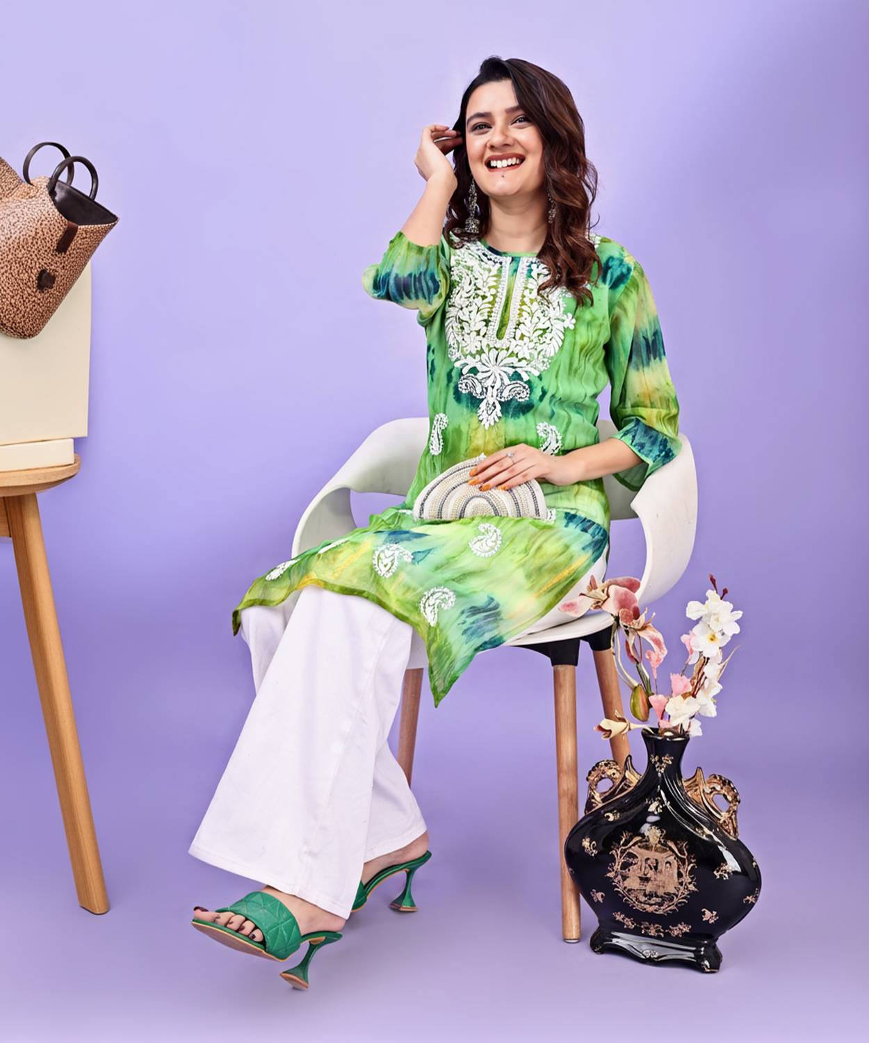 Youthnic Women Embroidered Georgette Straight Kurta (Blue, Green)