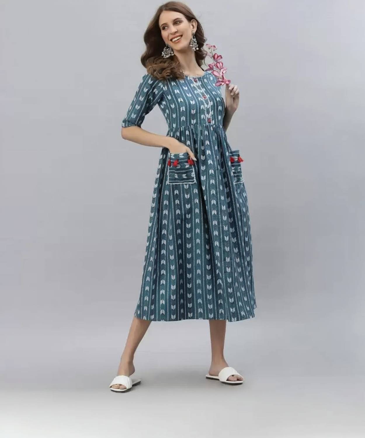 Dizon Women Woven Design Cotton Blend Flared Kurta (Blue)