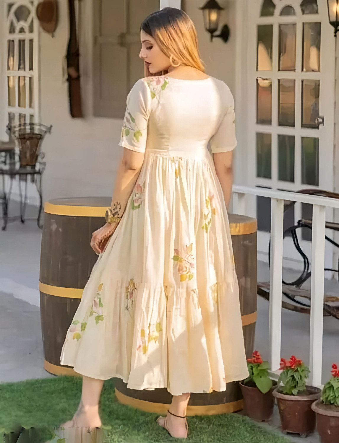 Image of First Affair Floral Print Viscose Rayon Anarkali Kurta for Women (Beige)