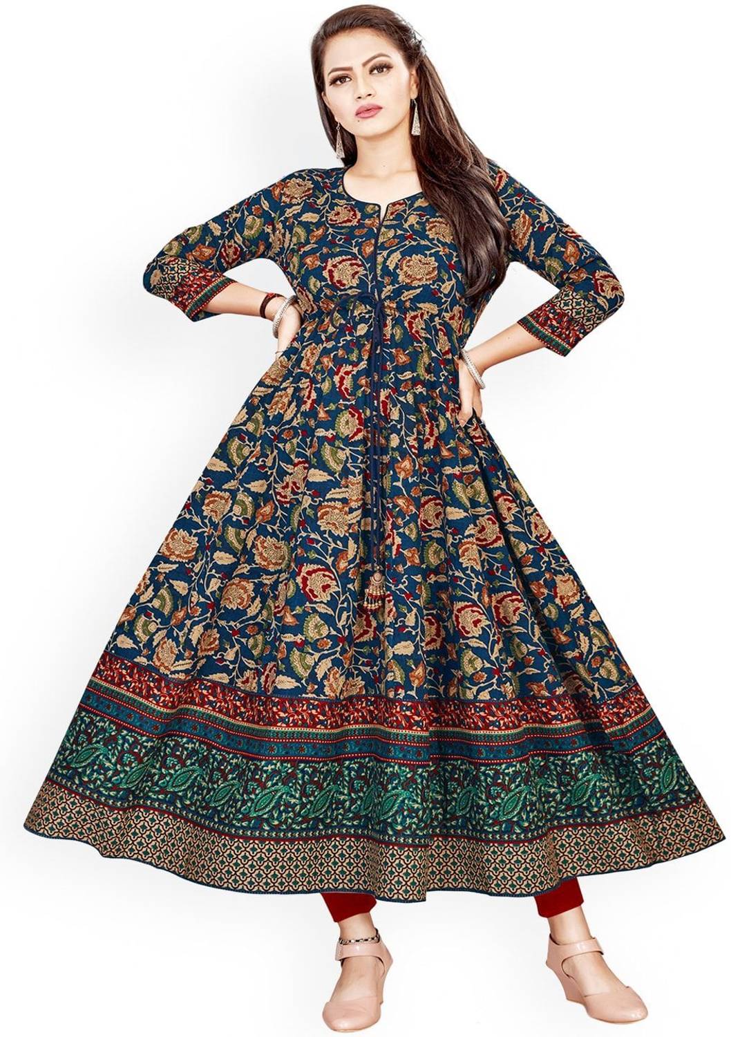 AnushreeEthnics Women Printed Viscose Rayon Anarkali Kurta (Blue)
