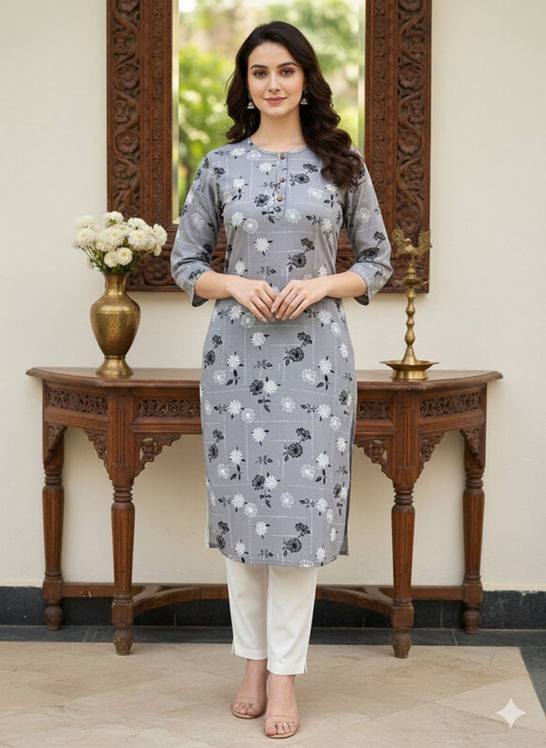 Saka Designs Women Printed Viscose Rayon Straight Kurta (Grey)
