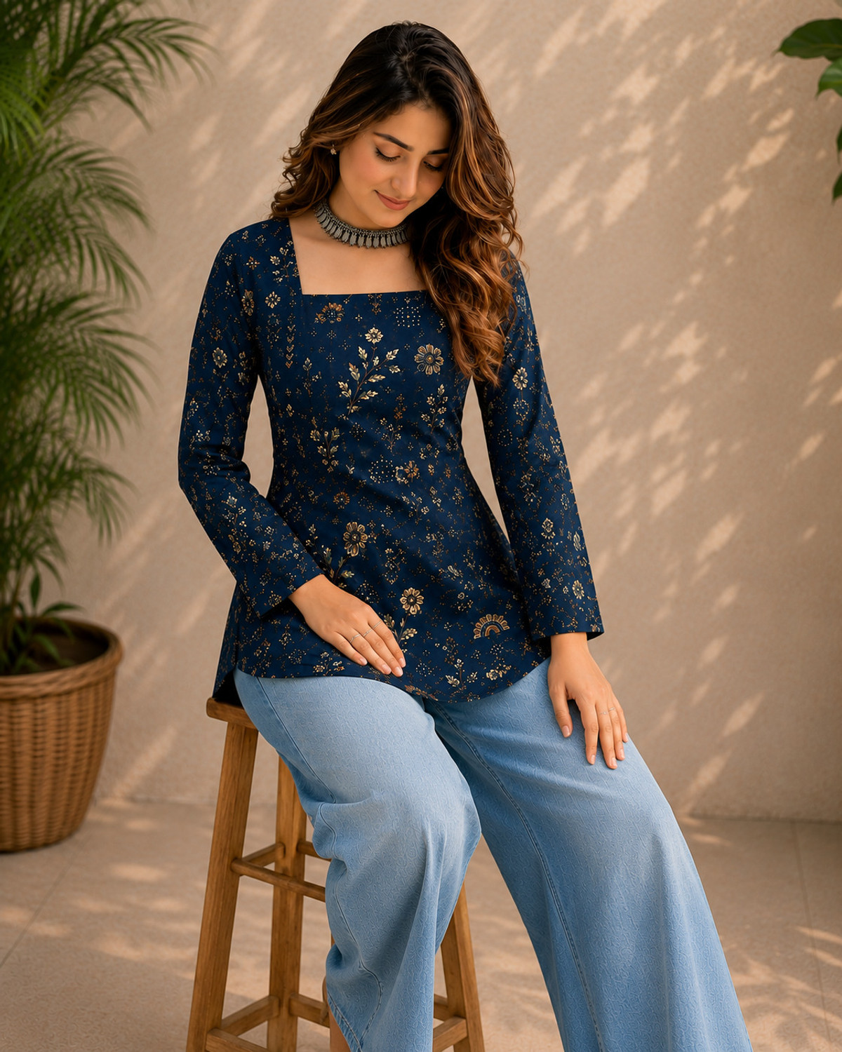 Image of folkflair Floral Print Viscose Rayon Tunic Kurta for Women (Light Blue)