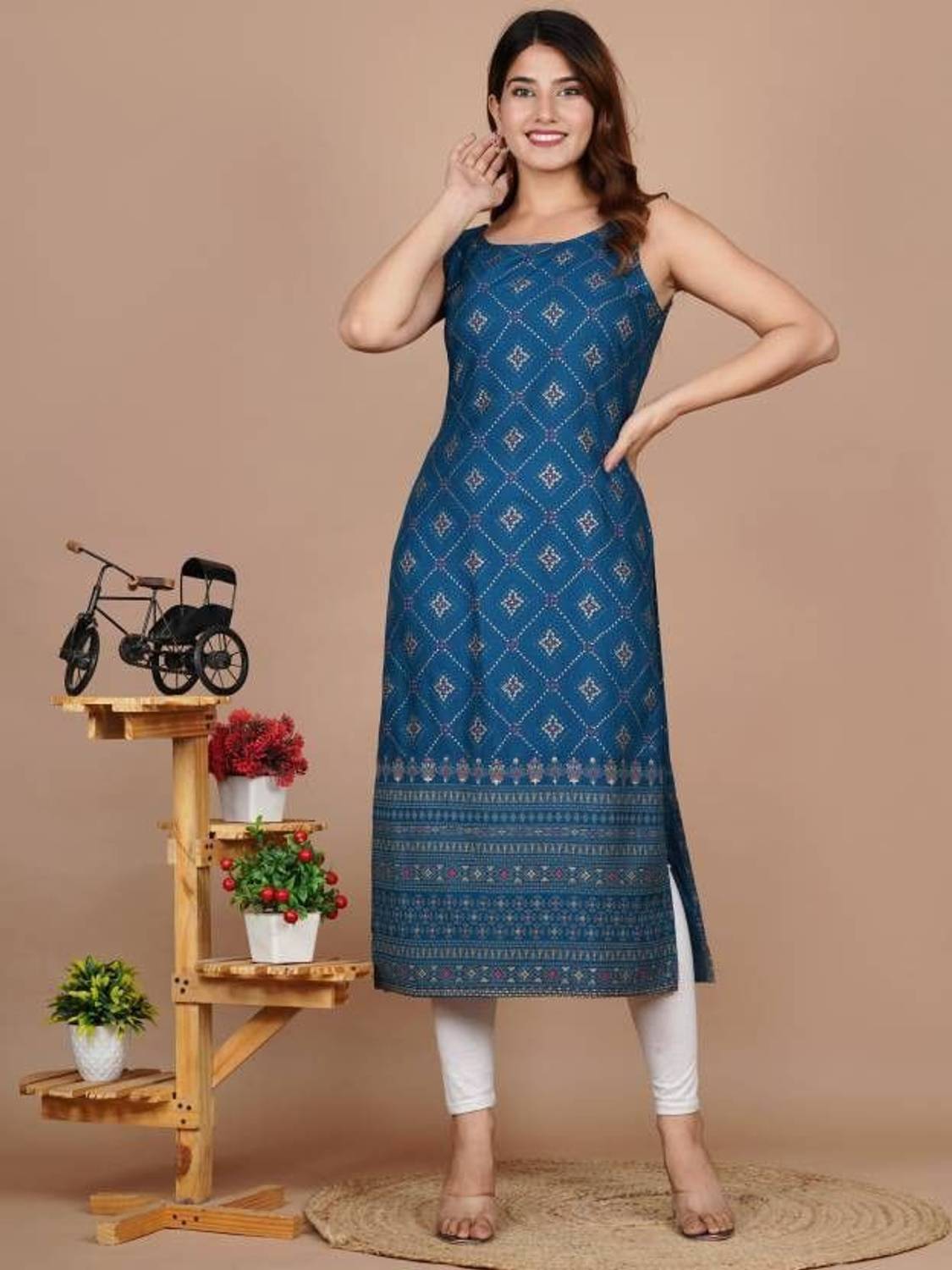 RIYA EXPORTS Women Printed Viscose Rayon Straight Kurta (Blue)