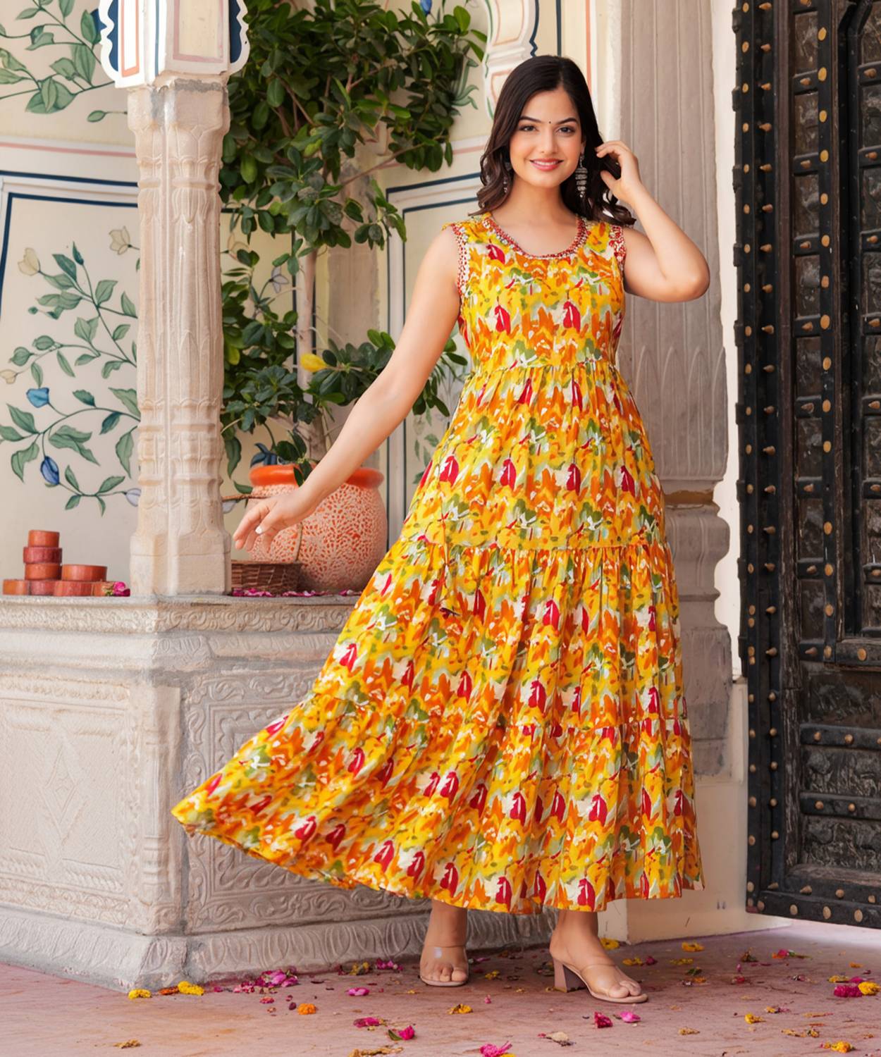 AASHLEY Women Printed Cotton Rayon Flared Kurta (Yellow)